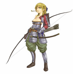  armor arrow_(projectile) baggy_pants belt belt_buckle blonde_hair bow_(weapon) breasts buckle cervus cleavage commentary_request couter elf female gauntlets greaves green_eyes highres holding holding_bow_(weapon) holding_weapon japanese_armor katana kiseru kusazuri original pants pants_tucked_in plate_armor pointy_ears quiver rerebrace same-hada short_sword shoulder_armor smoking_pipe sode solo sword tachi_(weapon) tantou weapon 