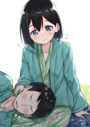  1boy arm_support black_hair blue_eyes blush brother_and_sister closed_mouth collarbone commentary_request female fingernails flying_sweatdrops green_kimono hair_between_eyes head_tilt highres japanese_clothes kimono long_sleeves lying on_side open_mouth original print_kimono siblings sleeves_past_wrists smile suzunari_raiga suzunari_shizuku wavy_mouth white_background wide_sleeves yuki_arare 