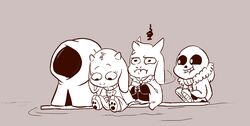  2015 alternate_universe animated_skeleton annoyed anthro asgore_dreemurr bone boss_monster_(undertale) bovid caprine chibi female grin group hi_res horn littletale male mammal monochrome mudkipful river_person_(undertale) sans_(undertale) skeleton smile toriel undead undertale undertale_(series) young 