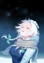  bad_id bad_pixiv_id bow braid buttons closed_eyes commentary_request crying female green_bow highres hoshimawa izayoi_sakuya long_sleeves looking_up maid_headdress outdoors scarf solo striped tears touhou twin_braids uniform upper_body white_hair 