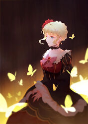  beatrice_(umineko) blonde_hair blue_eyes bow bug butterfly choker commentary_request dress female flower hair_bun hair_flower hair_ornament single_hair_bun smile umineko_no_naku_koro_ni vienri wide_sleeves yellow_butterfly 