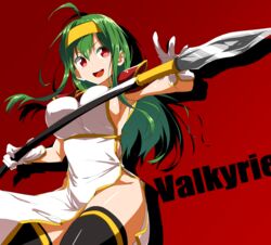  :d ahoge armor black_thighhighs bouncing_breasts breasts carrie_(sennen_sensou_aigis) commentary_request cowboy_shot female gloves green_hair large_breasts long_hair open_mouth pauldrons polearm red_background red_eyes sennen_sensou_aigis shoulder_armor sideboob sideless_outfit smile solo spear thighhighs v-shaped_eyebrows weapon yukipone 