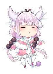  beads black_bow black_hairband blunt_bangs bow capelet chibi closed_eyes commentary dragon_girl dragon_horns dress drooling female frilled_capelet frills gradient_hair hair_beads hair_ornament hairband horns kanna_kamui kobayashi-san_chi_no_maidragon light_purple_hair long_hair low_twintails microdress multicolored_hair open_mouth pink_hair simple_background sleeping solo tail tiny_(tini3030) twintails white_legwear 