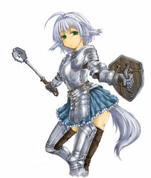  ahoge animal_ears armor armored_dress ass belt_buckle blue_skirt buckle cervus commentary_request couter cuirass cuisses female flanged_mace gauntlets greaves green_eyes highres holding holding_mace holding_shield holding_weapon mace miniskirt no_nose original outstretched_arms pauldrons plate_armor poleyn rerebrace shield short_hair shoulder_armor skirt solo tail tassets vambraces weapon white_hair 