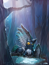  absurd_res avian azuki azukipuddles digital_media_(artwork) forest gryphon hi_res moon mythological_avian mythological_creature mythology naviwavi night plant puddles raining surprise tree wet 