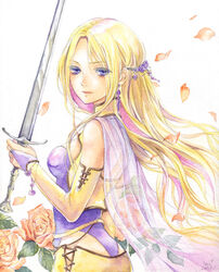  blonde_hair bridal_gauntlets cape celes_chere commentary_request earrings female final_fantasy final_fantasy_vi flower hair_ornament jewelry long_hair painting_(medium) petals photoshop_(medium) purple_eyes rose solo sword toyoda_izumi traditional_media watercolor_(medium) weapon 