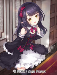  ange_vierge black_hair black_legwear blush bow brown_eyes detached_sleeves door flat_chest hairband hairbow hand_up indoors long_hair looking_at_viewer macaron_marinere official_art pointy_ears red_bow red_carpet shamonor solo standing thighhighs watermark 