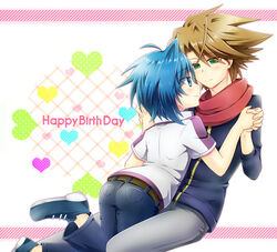  ahoge ass belt birthday blue_eyes blue_hair blush brown_eyes brown_hair cardfight!!_vanguard denim from_behind hand_holding happy_birthday interlocked_fingers jeans kai_toshiki male_focus multiple_boys pants sendou_aichi shoes short_hair simple_background smile sneakers yaoi yuratoko 