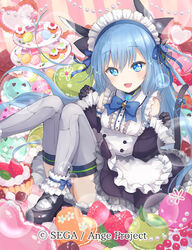  :d ange_vierge animal_ears black_footwear blue_bow blue_eyes blue_hair bow candy cat_ears cat_tail chocolate_bar dessert food fruit gloves grey_legwear hands_up ice_cream long_hair looking_at_viewer macaron maid official_art omega_47_toto open_mouth plate shamonor smile solo strawberry striped striped_background sweets tail thighhighs watermark 