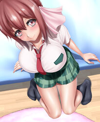  arm_support black_socks blush breast_pocket breasts brown_hair commentary_request female foreshortening from_above full_body hair_between_eyes hair_ribbon highres knees_together_feet_apart large_breasts looking_at_viewer looking_up miniskirt necktie pink_ribbon plaid plaid_skirt pocket red_eyes red_necktie ribbon sakura_trick school_uniform sitting skirt smile socks solo takayama_haruka tama_(tamakaka1031) 