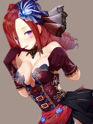  absurdres black_gloves blue_flower breasts ceres_(shingeki_no_bahamut) choker cleavage commentary_request drill_hair dutch_angle female finger_to_mouth flower gloves grey_background hair_between_eyes hair_flower hair_ornament highres long_hair looking_at_viewer medium_breasts pinky_to_mouth purple_eyes red_hair shadowverse shingeki_no_bahamut shiny_skin simple_background solo strapless tongue tongue_out transparent yamato_(muchuu_paradigm) 