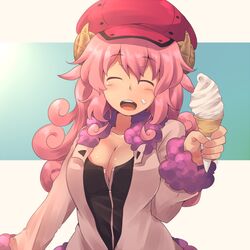  ^_^ blush breasts cleavage closed_eyes commentary_request curly_hair female food food_on_face hat horns ice_cream kuromiya kuzakura_mika_(kuromiya) large_breasts open_mouth original pink_hair sheep_horns smile solo 