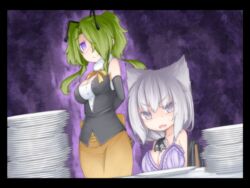  2girls animal_ears breasts cat_ears cleavage commentary_request green_hair grey_eyes large_breasts long_hair multiple_girls nightmare_cat pixiv_fantasia pixiv_fantasia_t purple_eyes short_hair white_hair 