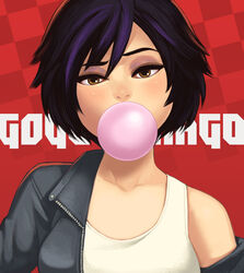  bad_id bad_pixiv_id big_hero_6 black_hair blowing_bubbles brown_eyes character_name chewing_gum female gogo_tomago jacket leather leather_jacket maou_alba multicolored_hair off_shoulder purple_hair short_hair solo upper_body 