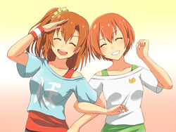  2girls ^_^ closed_eyes collarbone commentary_request facing_viewer gradient_background grin hoshizora_rin kosaka_honoka locked_arms love_live! love_live!_school_idol_project multiple_girls one_side_up open_mouth orange_hair pochita_(pochitaiko) salute short_hair smile 