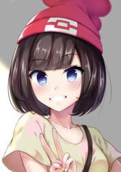  :d aqua_nails blue_eyes blush brown_hair collarbone commentary_request eyelashes female fingernails grin hat hesumi highres multicolored_nails nail_polish nose open_mouth pink_nails pokemon pokemon_sm red_hat red_nails selene_(pokemon) shirt short_hair smile teeth v white_nails yellow_nails yellow_shirt 