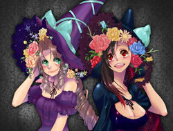  2girls aerith_gainsborough bad_id bad_pixiv_id black_hair breasts brown_hair cape choker cleavage commentary_request final_fantasy final_fantasy_vii flower green_eyes halloween hat large_breasts long_hair multiple_girls ponytail red_eyes tifa_lockhart torimeiro witch_hat 