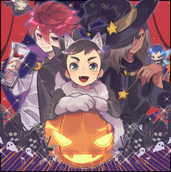  3boys animal_ears bad_id bad_pixiv_id black_hair cup doran drinking_glass fairy grey_eyes grey_hair haizaki_ryouhei halloween halloween_costume happy_halloween hat highres inamori_asuto inazuma_eleven inazuma_eleven_(series) inazuma_eleven_ares_no_tenbin jack-o&#039;-lantern male_focus multiple_boys nosaka_yuuma oerba_yun_fang open_mouth pumpkin red_hair smile wand wine_glass witch_hat wolf_ears wolf_paws 