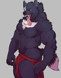  2017 anthro biceps biped black_body black_fur black_lips black_nose black_tail bottomwear brown_eyes canid canine canis chest_markings chest_tuft clothed clothing digital_media_(artwork) dipstick_tail facial_markings fangs front_view fur grey_background head_markings hi_res knuxlight lips loincloth looking_at_viewer male mammal markings multicolored_body multicolored_fur multicolored_tail muscular muscular_anthro muscular_male open_mouth pecs pink_tongue portrait red_bottomwear red_clothing silver_fang simple_background snout solo tail tail_markings teeth three-quarter_portrait tongue tongue_out topless tuft two_tone_body two_tone_fur two_tone_tail white_body white_fur white_markings white_tail wolf 