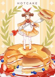  bad_id bad_pixiv_id blueberry bow bowtie brown_hair butter cream double_bun dress english_text female food fork frills fruit full_body gotmil hair_bun holding honey long_sleeves looking_at_viewer mini_person minigirl morinaga_(brand) orange_dress original pancake pantyhose personification red_bow red_bowtie ribbon solo standing strawberry tongue tongue_out white_pantyhose 