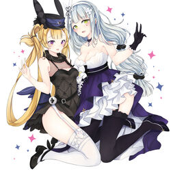  2girls bad_id bad_pixiv_id blonde_hair blush braid breasts cleavage commentary_request dress formal garter_belt girls&#039;_frontline gloves grey_hair hair_ornament hairband hat high_heels hk416_(girls&#039;_frontline) hk416_(starry_cocoon)_(girls&#039;_frontline) jewelry long_hair looking_at_viewer medium_breasts mo_(k40633) multiple_girls necklace official_alternate_costume purple_eyes smile sr-3mp_(bunny_macchiato)_(girls&#039;_frontline) sr-3mp_(girls&#039;_frontline) v yellow_eyes 