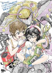  2girls a107 announcement_celebration atom:_the_beginning black_hair blonde_hair brown_hair camisole charm_(object) commentary_request dated drumsticks electric_guitar f14_(tetsuwan_atom) feline glasses guitar hat imai_toonz instrument keytar looking_at_another multiple_girls music north_(atom:_the_beginning) ochanomizu_ran one_eye_closed playing_instrument plectrum robot sailor_hat school_uniform serafuku short_hair simple_background skirt smile tetsuwan_atom tsutsumi_motoko white_background 