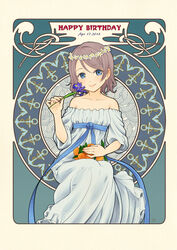  anchor_symbol art_nouveau bare_shoulders blue_dress blue_eyes blue_ribbon collared_shirt commentary_request dated dress female flower food fruit grey_hair happy_birthday head_wreath highres holding holding_flower invisible_chair iris_(flower) jasmine_(flower) looking_at_viewer love_live! love_live!_sunshine!! m-shiganai mandarin_orange ribbon sash shirt short_hair sitting smile solo watanabe_you 