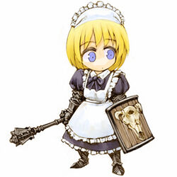  armor armored_boots blonde_hair blue_eyes boots cervus commentary_request female lowres mace maid maid_headdress original shield short_hair skull solo weapon 