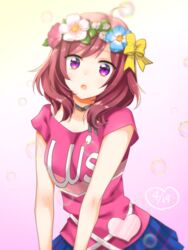  bow bubble choker commentary_request cowboy_shot dated female flower hairbow happy_maker! head_wreath heart looking_at_viewer love_live! love_live!_school_idol_project medium_hair nishikino_maki open_mouth purple_eyes red_hair ribbon_choker skirt solo yuzucky 