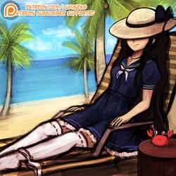  bad_id bad_tumblr_id beach beach_chair black_hair black_ribbon blue_dress borrowed_character brown_hat closed_mouth commentary commission crab day dress english_commentary feet_out_of_frame female frilled_skirt frills hat hat_over_eyes hat_ribbon iowa_(pacific) lace lace-trimmed_dress lace_trim long_hair lumineko no_shoes original outdoors pacific_(kancolle) palm_tree panties panties_around_one_leg patreon_logo patreon_username puffy_short_sleeves puffy_sleeves ribbon ribbon-trimmed_thighhighs ribbon_trim short_sleeves skirt sleeping smile solo straw_hat sun_hat thighhighs tree underwear uss_iowa_(bb-61) very_long_hair watermark web_address white_thighhighs 