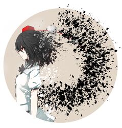  absurdres aritsuno bad_id bad_pixiv_id black_hair bow bowtie female hat highres profile red_eyes shameimaru_aya shirt short_hair solo splatter tokin_hat touhou white_shirt wings 