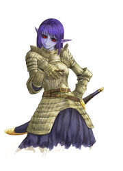  armor armored_dress belt belt_buckle between_fingers black_sclera brown_belt buckle cervus cigar colored_sclera colored_skin commentary_request couter cuirass dress faulds female gauntlets gorget highres holding holding_cigar long_hair original pauldrons plate_armor pointy_ears purple_hair purple_skin red_eyes rerebrace sheath sheathed shoulder_armor solo sword vambraces weapon yellow_armor 