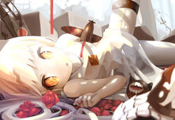  2girls abyssal_ship aircraft airplane claws colored_skin commentary_request dress flower highres horns kantai_collection long_hair looking_at_viewer looking_to_the_side lying mittens multiple_girls northern_ocean_princess onasuba open_mouth orange_eyes pale_skin petals rose seaport_princess short_dress solo_focus white_dress white_hair white_skin 