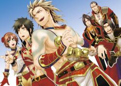  beard bell black_hair blonde_hair brown_hair ding_feng facial_hair female female gan_ning gloves green_eyes ling_tong long_hair low_ponytail lu_meng lu_xun male multiple_boys open_mouth ponytail shin_sangoku_musou shirtless short_hair sun_shang_xiang tattoo 