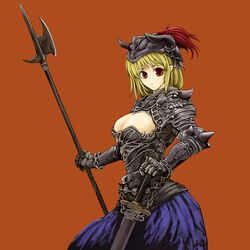  armor armored_dress blonde_hair breastplate breasts cervus chains cleavage commentary_request cowboy_shot dress fake_horns female gauntlets halberd hand_on_hilt helmet holding holding_weapon horned_helmet horns large_breasts looking_at_viewer orange_background original pauldrons plume polearm red_eyes short_hair shoulder_armor simple_background solo sword weapon 