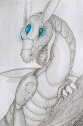  3_eyes blue_eyes claws countershading dragon dragonfly_wings ears_back feral glowing glowing_eyes graphite_(artwork) grey_body grey_scales half-length_portrait long_neck machine multi_eye mythological_creature mythological_scalie mythology nude on_log open_mouth pencil_(artwork) pivoted_ears portrait quadruped robot samantha-dragon scales scalie sharp_teeth signature solo sprout_(plant) teeth traditional_media_(artwork) 