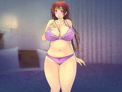  bare_arms bare_legs bare_shoulders bed blush bra breast_grab breasts brown_hair cleavage curvy dead_or_alive embarrassed highres huge_breasts indoors kasumi_(doa) legs long_hair looking_at_viewer mound_of_venus navel panties parted_lips purple_bra purple_panties red_eyes shiny shiny_skin solo standing thighs underwear yoko_jyusuke 