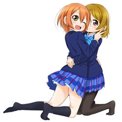  2girls ;d abe_kanari black_pantyhose black_socks blazer blue_legwear blush bow brown_hair commentary_request highres hoshizora_rin hug jacket kneeling koizumi_hanayo love_live! love_live!_school_idol_project multiple_girls mutual_hug no_shoes one_eye_closed open_mouth orange_hair otonokizaka_school_uniform pantyhose petticoat photoshop_(medium) purple_eyes school_uniform short_hair skirt slip_showing smile socks white_background yellow_eyes yuri 