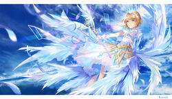  absurdres blonde_hair cardcaptor_sakura clear_card commentary crown dress feathered_wings feathers female gloves green_eyes highres kinomoto_sakura lihua_zouxian_zhiyin magical_girl multiple_wings short_hair short_hair_with_long_locks sidelocks sky sleeveless sleeveless_dress solo staff white_dress white_gloves white_wings wings yume_no_tsue 