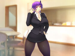  adjusting_hair ayane_(doa) black_skirt blush breasts chair cleavage collared_shirt dead_or_alive female hand_on_hip headband highres huge_breasts indoors legs long_sleeves looking_away pantyhose pink_eyes purple_hair short_hair skirt solo standing suit table thighs yoko_jyusuke 