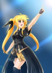  :d arm_up black_dress black_gloves black_ribbon black_socks blonde_hair blush breasts commentary_request cosplay diesel-turbo dress fate_testarossa female fingerless_gloves floating_hair gloves hair_between_eyes hair_ribbon index_finger_raised kneehighs lens_flare long_hair looking_up lyrical_nanoha mahou_shoujo_lyrical_nanoha_strikers medium_breasts mizuki_nana mizuki_nana_(cosplay) open_mouth red_eyes ribbon smile socks solo standing twintails very_long_hair voice_actor_connection 