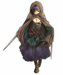  blue_hair breasts cervus cleavage cloak commentary_request corset dress female hood jewelry medium_breasts original pendant red_eyes solo sword weapon 