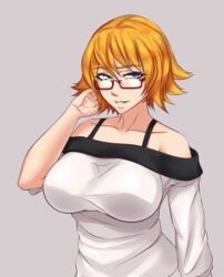  bare_shoulders bespectacled blonde_hair blue_eyes breasts collarbone commentary_request female flipped_hair glasses grin highres igawa_sakura large_breasts long_sleeves looking_at_viewer nofuture off-shoulder_shirt off_shoulder purple-framed_eyewear semi-rimless_eyewear shirt short_hair smile solo taimanin_(series) taimanin_asagi tucking_hair under-rim_eyewear upper_body white_shirt 