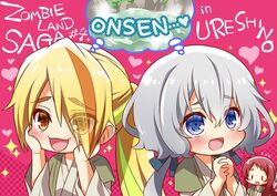  3girls :3 ahoge aona_masao blonde_hair blue_eyes bow commentary_request eyes_visible_through_hair grey_hair hair_between_eyes hair_ornament hair_over_one_eye hand_on_own_face jpeg_artifacts konno_junko light_green_hair long_hair low_twintails minamoto_sakura multicolored_hair multiple_girls nikaidou_saki onsen open_mouth orange_hair ponytail red_hair smile streaked_hair thought_bubble twintails yellow_eyes zombie_land_saga 