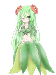  bellossom blush breasts channmirunya cleavage commentary_request female flower front-tie_top green_eyes green_hair groin hair_flower hair_ornament hand_on_own_hip long_hair medium_breasts navel one_eye_closed personification pokemon shirt skirt solo very_long_hair 