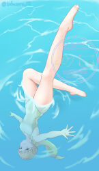  blonde_hair breasts covered_navel dancing female fire_emblem fire_emblem_heroes green_eyes highres holding_breath leg_focus legs_up long_hair medium_breasts one-piece_swimsuit partially_submerged ponytail pool posing ripples sharena_(fire_emblem) solo swimsuit synchronized_swimming takaneko upside-down water watermark white_one-piece_swimsuit 