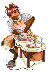  ambiguous_gender anthro appliance apron biped bottomwear cable clay clothing container ear_piercing ear_ring equid equine goat-soap hair hi_res hooves horse jar mammal messy musical_note musical_symbol pants pattern_bottomwear pattern_clothing pattern_pants piercing pottery pottery_wheel red_hair ring_piercing simple_background solo striped_bottomwear striped_clothing striped_pants stripes symbol traditional_media_(artwork) white_background 