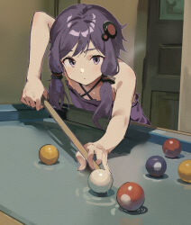  ball bare_arms bare_shoulders billiard_ball closed_mouth commentary_request criss-cross_halter cue_stick door dress female hair_ornament halterneck highres holding indoors lamb_(hitsujiniku) leaning_forward long_hair pool_table purple_dress purple_eyes purple_hair solo table vocaloid voiceroid yuzuki_yukari 