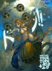  alternate_costume alternate_universe anklet arm_up baggy_pants bare_hips barefoot bracelet breasts brown_eyes cleavage cloud colored_extremities cosplay dark_clouds devil_fruit_power drum electricity electrokinesis enel enel_(cosplay) english_text eyeshadow female full_body glowing_finger gold_anklet gold_bracelet hagoromo hand_up highres hip_vent instrument jewelry large_breasts lightning long_hair looking_at_viewer makeup mitsudomoe_(shape) multiple_bracelets nami_(one_piece) navel o-ring o-ring_top one_piece orange_eyeshadow orange_hair orange_pants overcast pants pelvic_curtain shawl sky smile solo sound_effects taiko_drum tomoe_(symbol) wafalo zeus_(one_piece) 