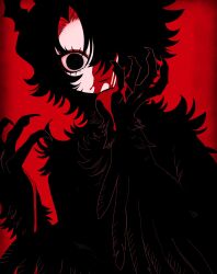  absurdres black_eyes black_feathers black_hair black_wings blood blood_on_face blood_on_hands claws empty_eyes feathered_wings feathers female hair_over_one_eye harpy highres horns kakke666 looking_at_viewer monster_girl original red_background simple_background solo upper_body winged_arms wings 